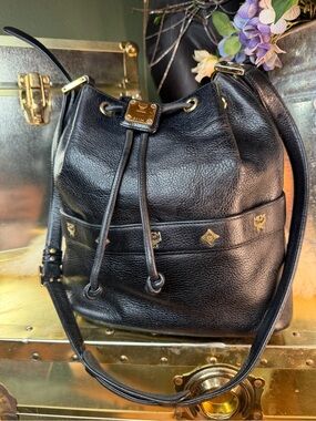 Vintage MCM Black Leather Drawstring Bucket Hobo Bag